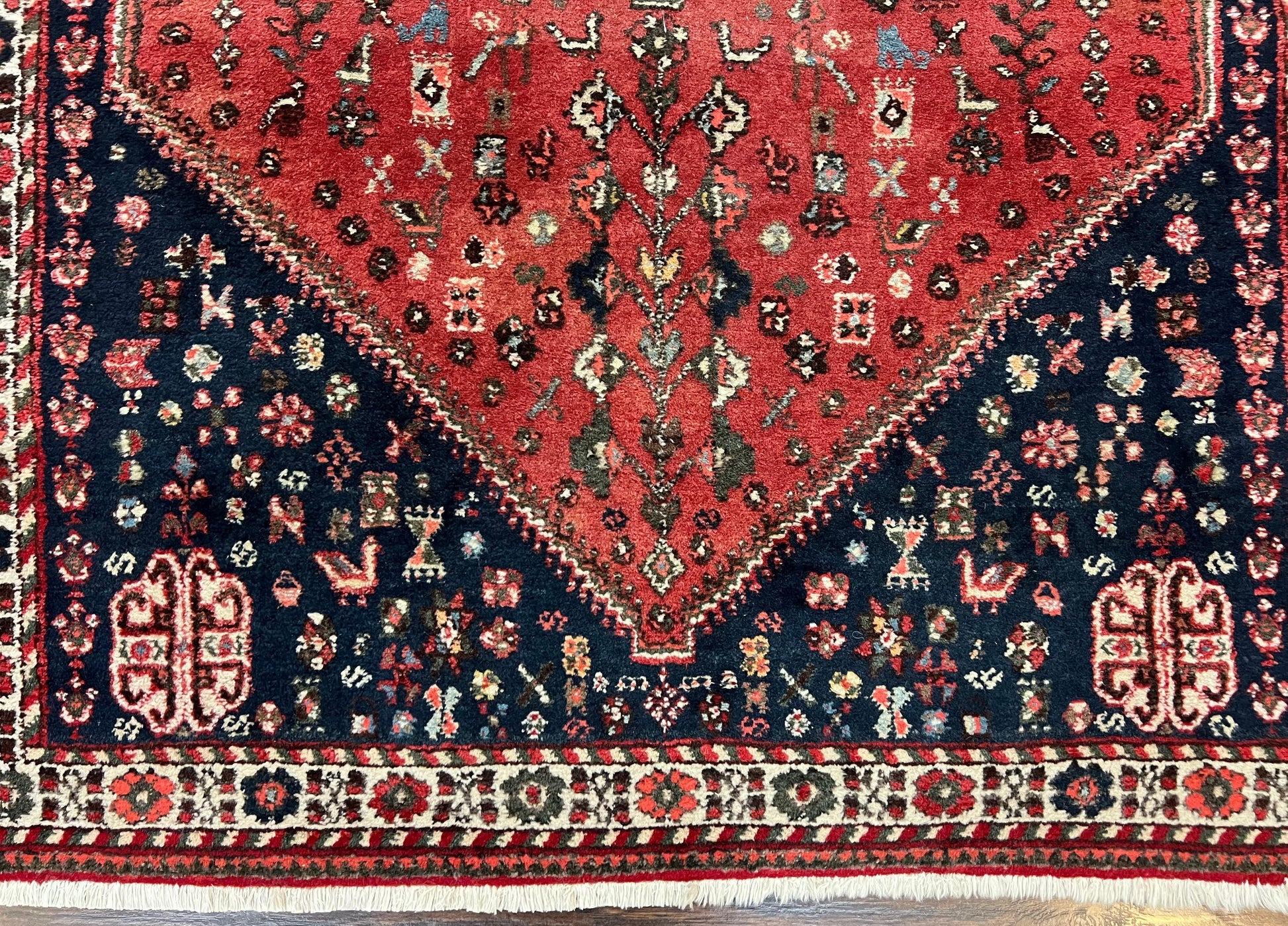 Persian Tribal Rug 3.6 x 5 ft, Persian Abadeh Rug, Geometric Medallion Bird Motifs, Red and Navy Blue Hand Knotted Handmade Wool Vintage Oriental Carpet - Nuvé