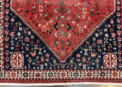 Persian Tribal Rug 3.6 x 5 ft, Persian Abadeh Rug, Geometric Medallion Bird Motifs, Red and Navy Blue Hand Knotted Handmade Wool Vintage Oriental Carpet - Nuvé