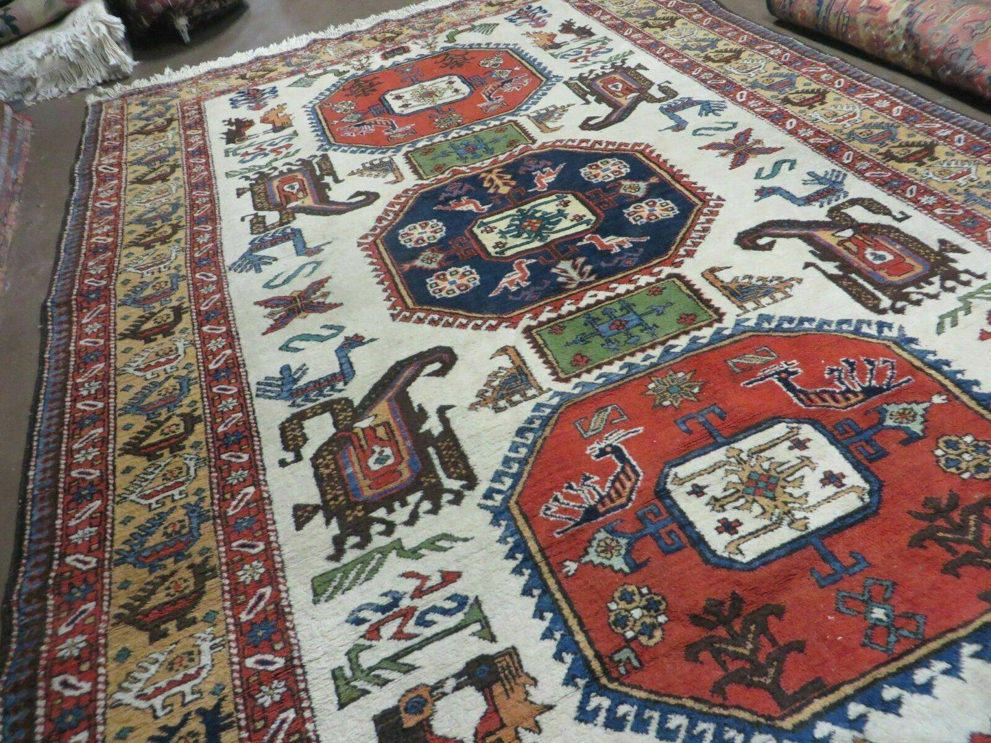 7' X 10' Vintage Handmade Knotted Turkish Wool Rug Birds Animal Ivory Organic - Nuvé