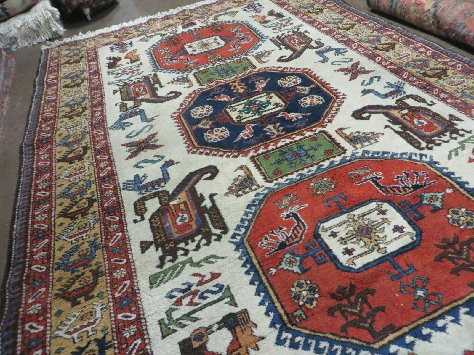7' X 10' Vintage Handmade Knotted Turkish Wool Rug Birds Animal Ivory Organic - Nuvé