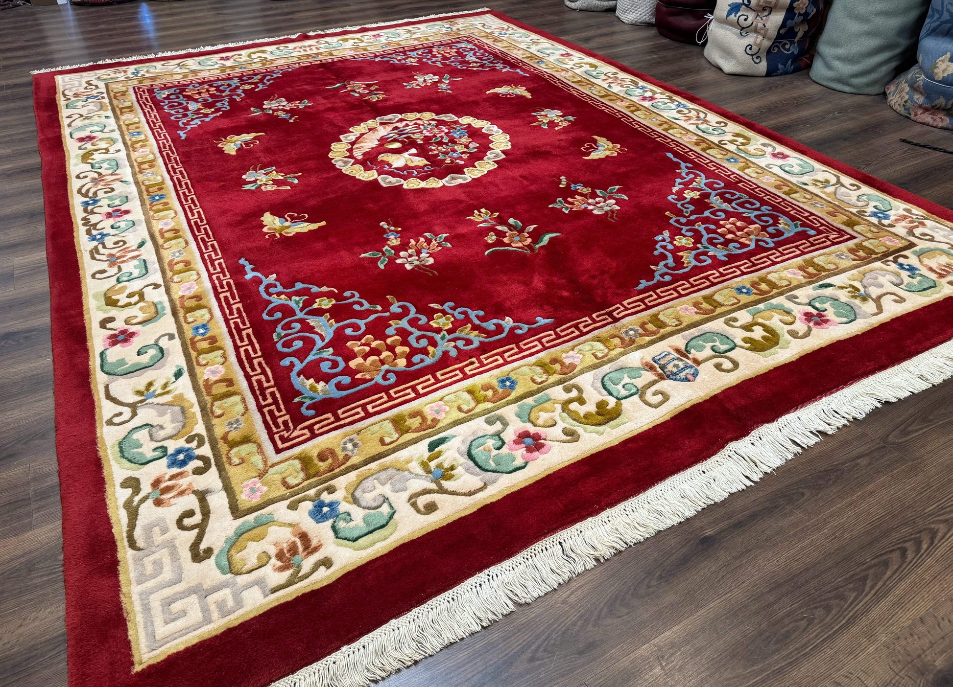 Indo Chinese Wool Rug 9x12, Red Art Deco Carpet, Vintage - Nuvé