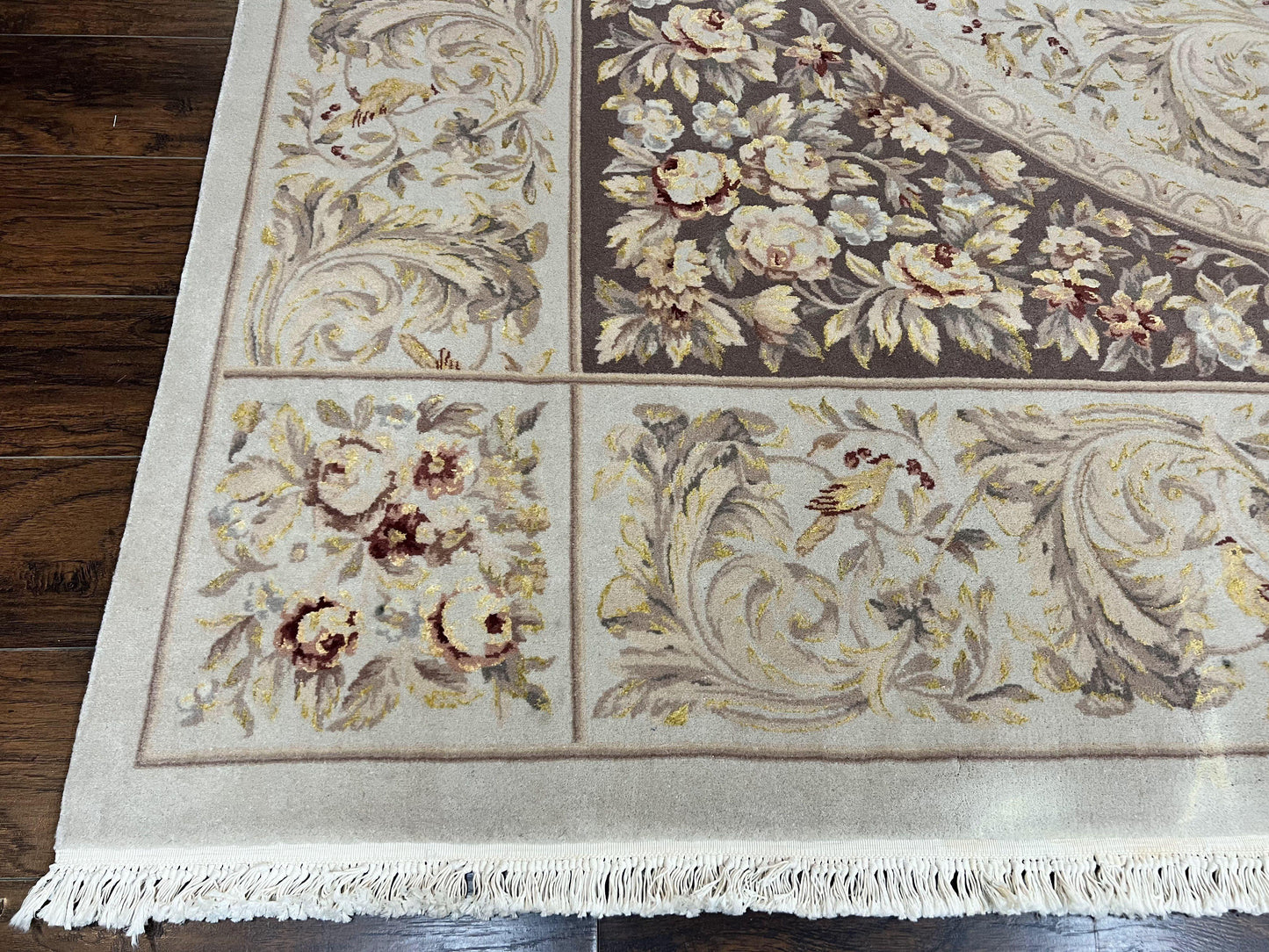 Aubusson Rug 10x14, Wool & Silk Highlights Hand Knotted Vintage Carpet, Birds Flowers, Fine Details, Elegant - Nuvé