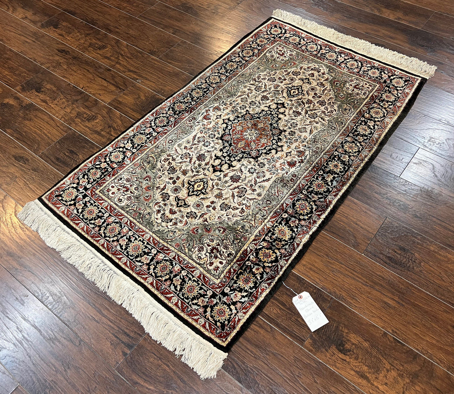 Silk Sino Persian Rug 3x5, Floral Medallion, Hand Knotted Silk Pile Silk Foundation, Traditional Silk Handmade Oriental Carpet, Cream Black - Nuvé