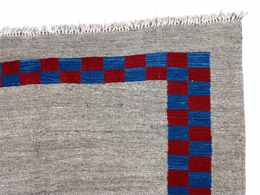 Gray Turkish Kilim Carpet 5' 7" x 7' 7", Medium Kilim Rug, Hand-Knotted, Blue & Red Border, Minimalistic Design, Geometric, Wool, New - Nuvé