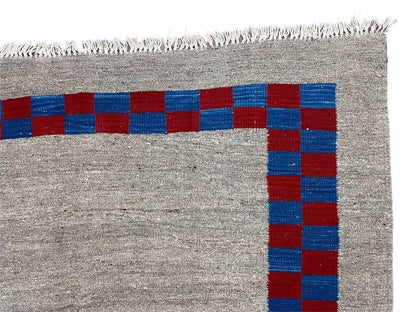 Gray Turkish Kilim Carpet 5' 7" x 7' 7", Medium Kilim Rug, Hand-Knotted, Blue & Red Border, Minimalistic Design, Geometric, Wool, New - Nuvé