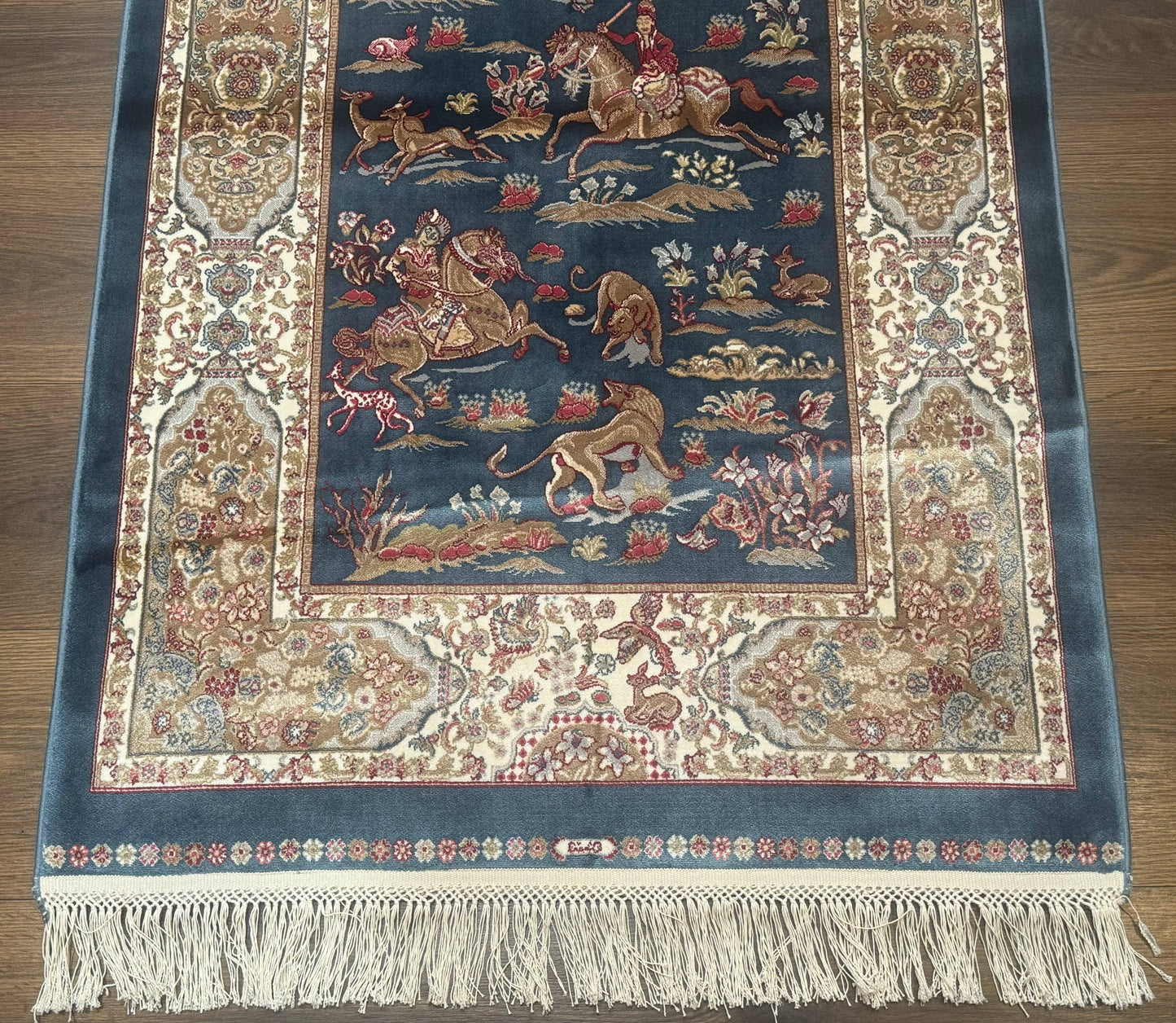 Turkish Silk Hunting Scene Rug 2.6 x 5, Dark Steel Blue & Ivory, Bamboo Silk, New - Nuvé