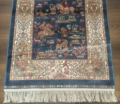 Turkish Silk Hunting Scene Rug 2.6 x 5, Dark Steel Blue & Ivory, Bamboo Silk, New - Nuvé
