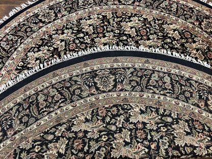 Round Oriental Rug 8x8 ft, William Morris Floral Pattern Carpet, 8 x 8 ft Round Rug, Black Cream and Tan 8ft Round Handmade Indo Persian Rug - Nuvé
