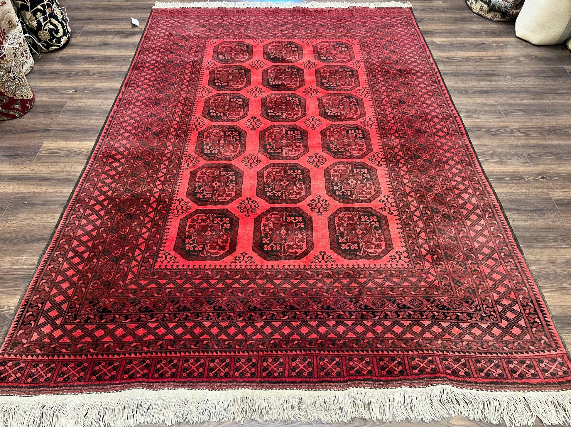 Afghan Turkoman Rug 7x10, Vintage Yamud Beshir Bokhara Carpet, Red and Black Bukhara Hand-Knotted Oriental Wool Handmade Rug, Elephant Foot - Nuvé