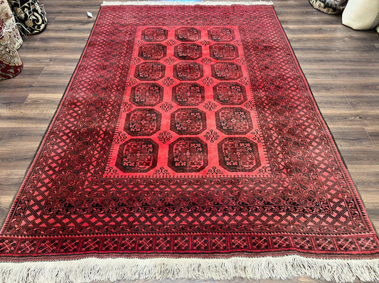 Afghan Turkoman Rug 7x10, Vintage Yamud Beshir Bokhara Carpet, Red and Black Bukhara Hand-Knotted Oriental Wool Handmade Rug, Elephant Foot - Nuvé