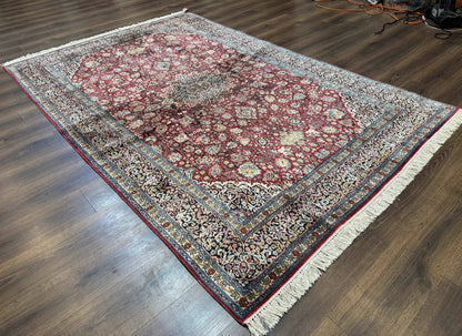 Indian Kashmiri Silk Rug 6x9, Red and Navy Blue, Floral Medallion, Fine 275 KPSI - Nuvé