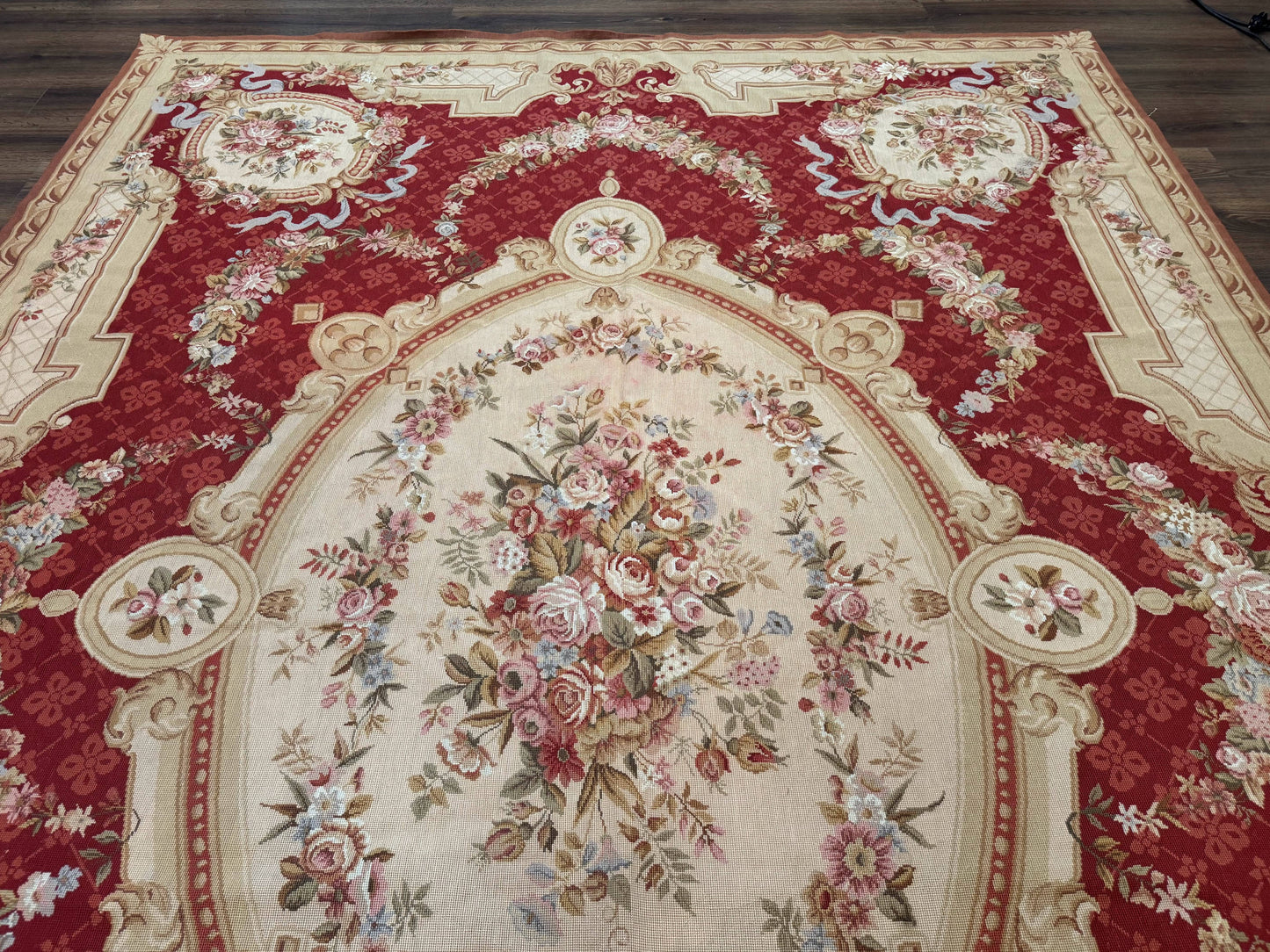 Aubusson Rug 8x11, Needlepoint Carpet, Red Ivory Beige, Vintage, French European Design - Nuvé