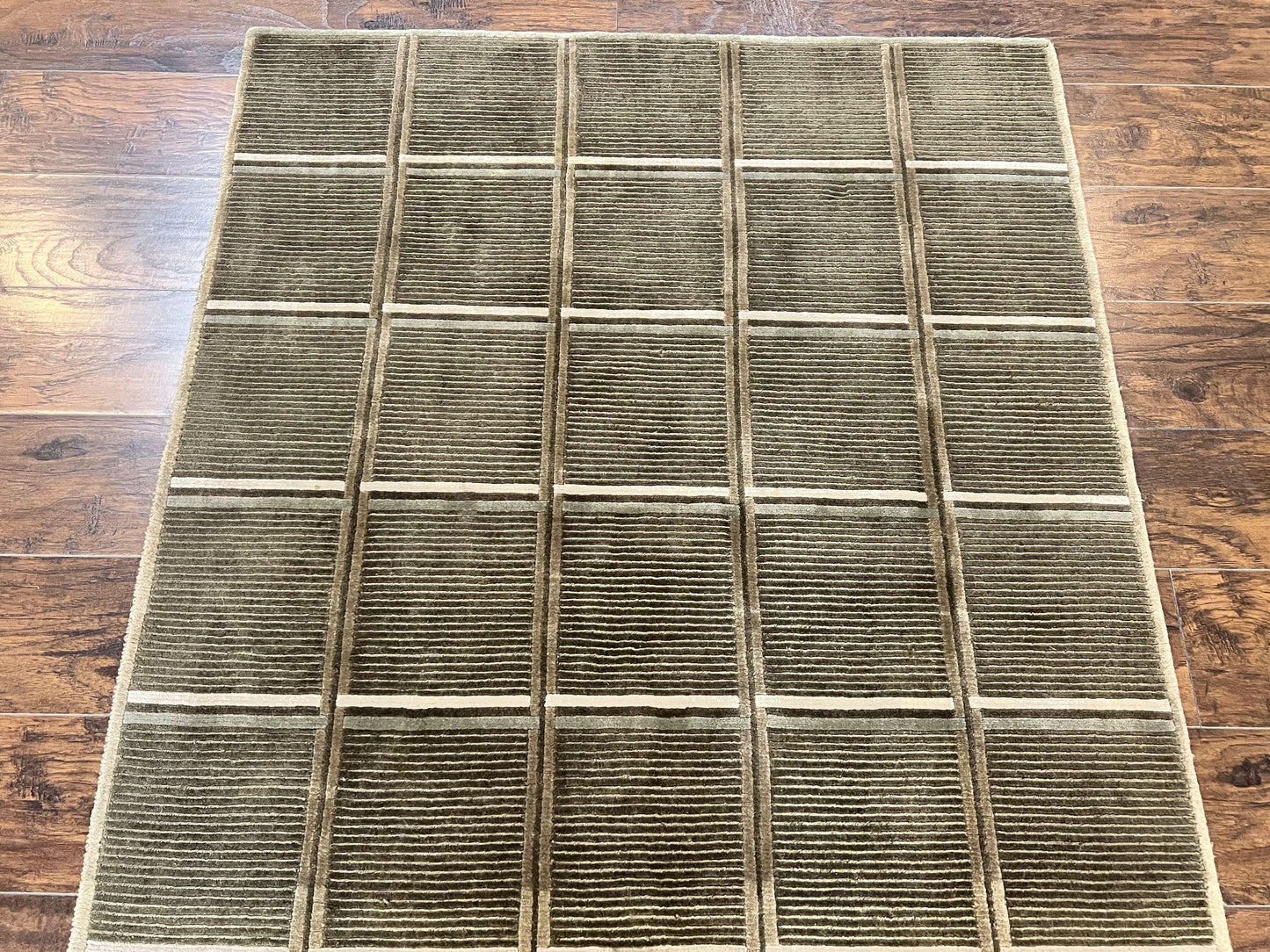 Tibetan Rug 4x6, Green Wool Handmade Area Rug 4 x 6, Panel Design, Modern Contemporary - Nuvé