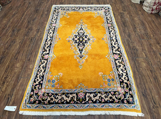 Vintage Persian Kirman Rug 4x7, Unique Colors, Mustard and Black Rug, Open Field with Central Medallion, Wool Oriental Rug, Persian Carpet Handmade - Nuvé