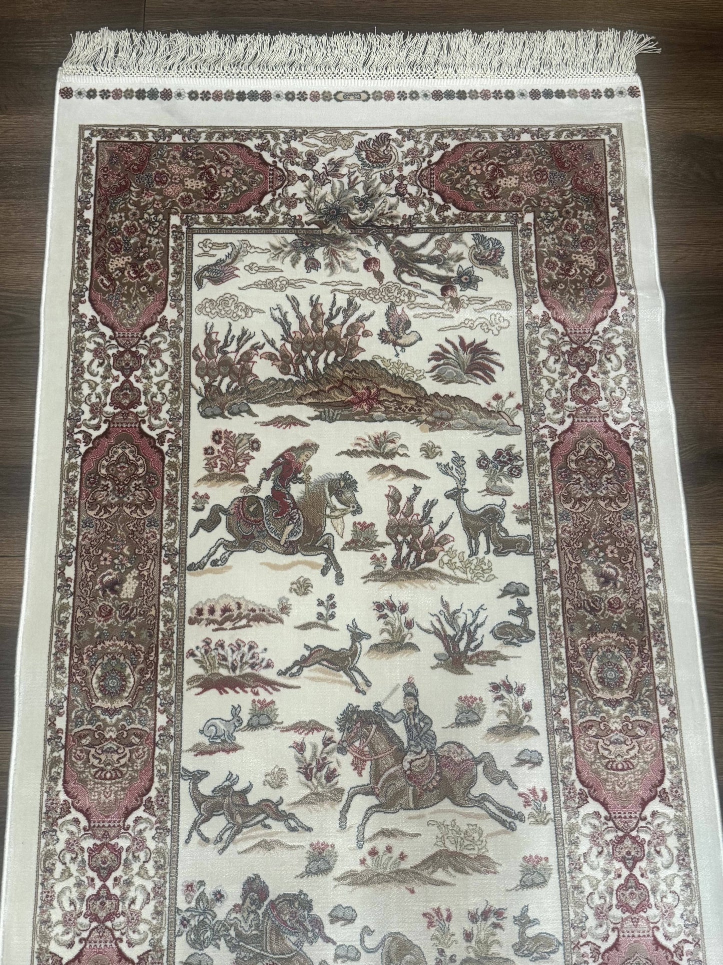 Turkish Silk Runner Rug 2.6 x 8, Hunting Design, Ivory, Bamboo Silk, New - Nuvé