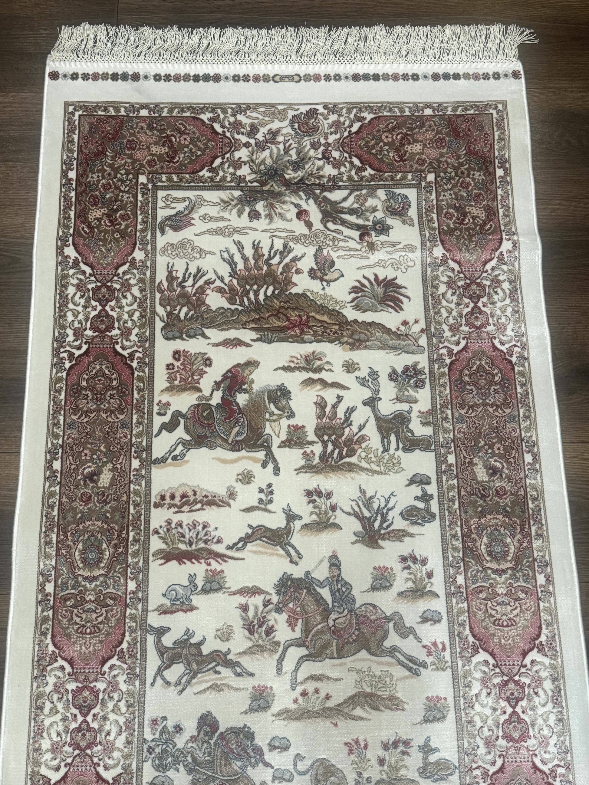Turkish Silk Runner Rug 2.6 x 8, Hunting Design, Ivory, Bamboo Silk, New - Nuvé