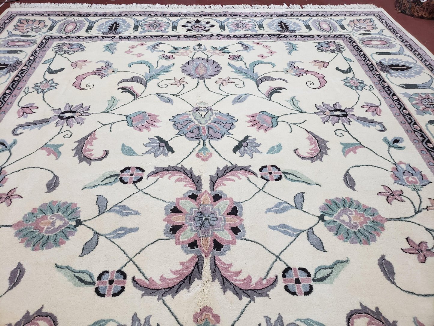 Ivory & Teal Indo Persian Area Rug 9x12, Wool Hand-Knotted Oriental Carpet, 9 x 12 Soft Traditional Living Room Rug, Dining Room Rug - Nuvé