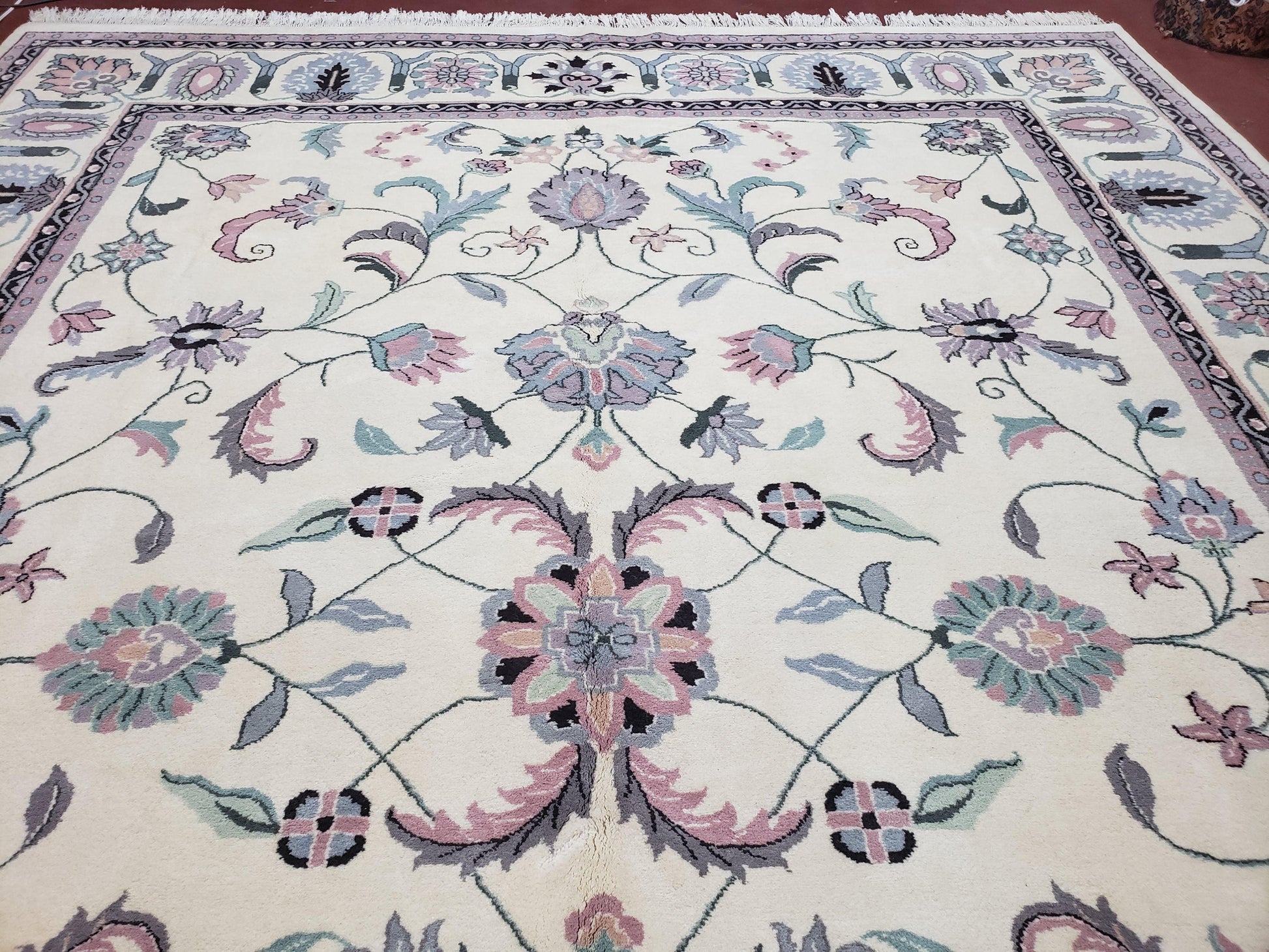 Ivory & Teal Indo Persian Area Rug 9x12, Wool Hand-Knotted Oriental Carpet, 9 x 12 Soft Traditional Living Room Rug, Dining Room Rug - Nuvé