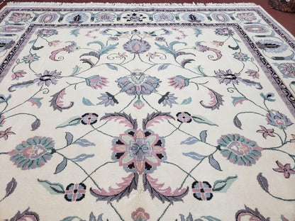 Ivory & Teal Indo Persian Area Rug 9x12, Wool Hand-Knotted Oriental Carpet, 9 x 12 Soft Traditional Living Room Rug, Dining Room Rug - Nuvé