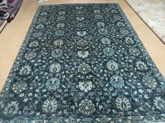 5' 6" X 8' Vintage Handmade Pakistani Floral Oriental Wool Rug Black Dark Grey - Nuvé