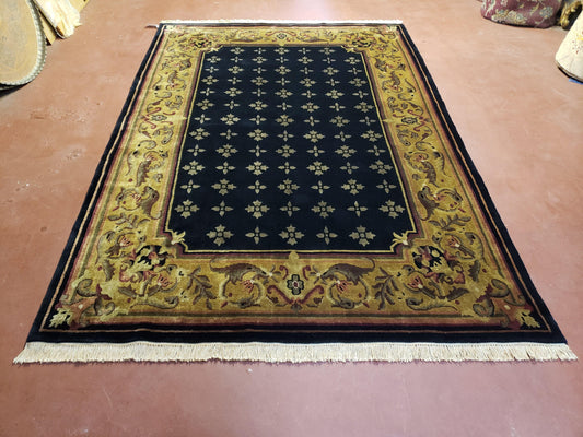 6x9 Aubusson Design Nepali Tibetan Rug Black & Tan Hand-Knotted Wool Carpet Soft Plush Pile New Rug Nice - Nuvé