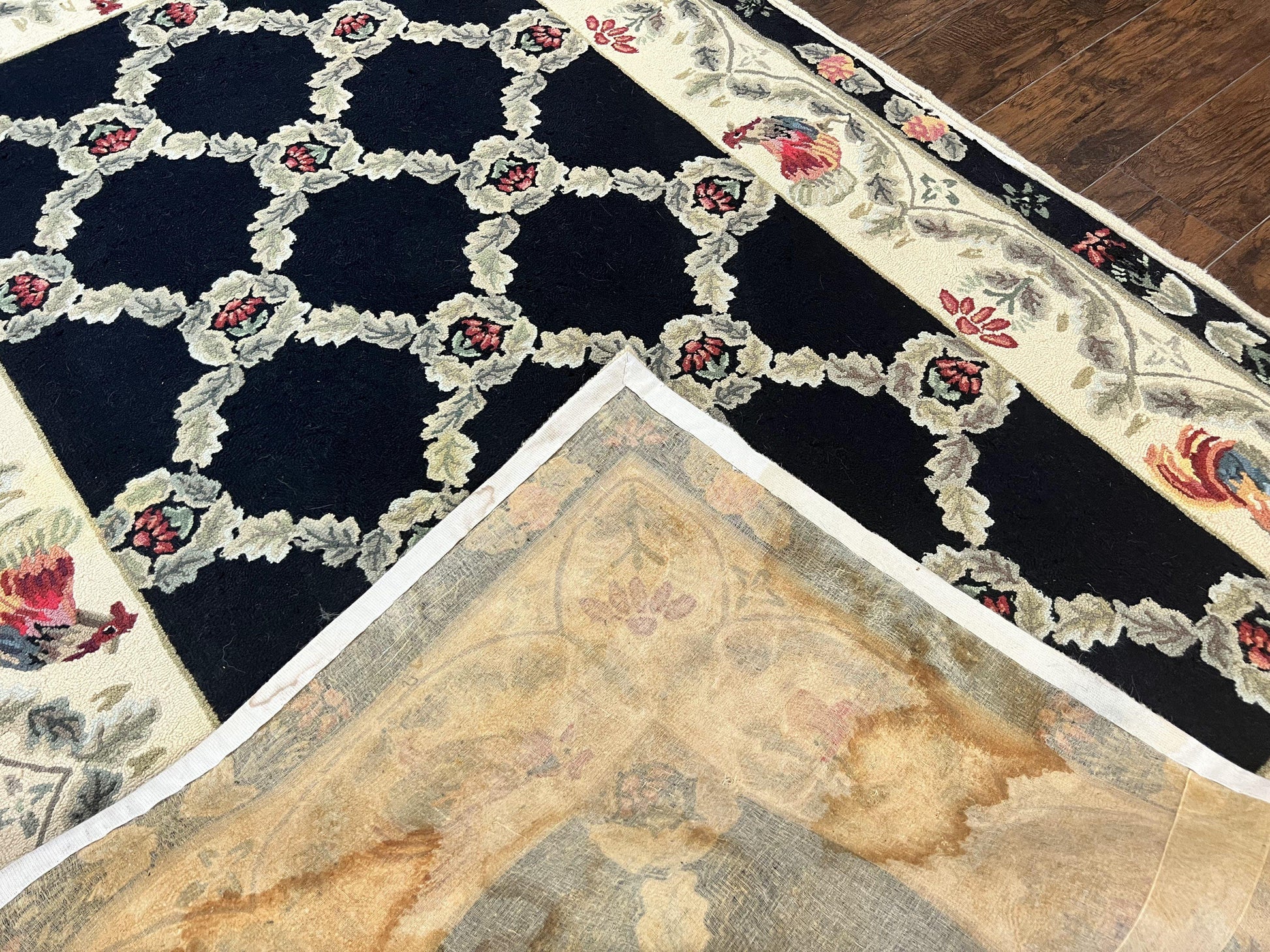 Hooked Rug 5x8, European Aubusson Pattern, Black and Ivory, Roses & Roosters, Vintage Wool Rug - Nuvé