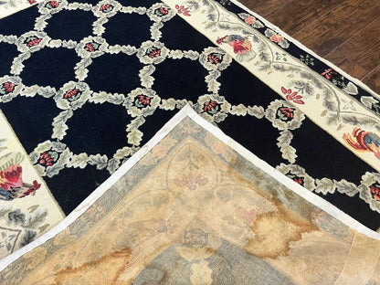 Hooked Rug 5x8, European Aubusson Pattern, Black and Ivory, Roses & Roosters, Vintage Wool Rug - Nuvé