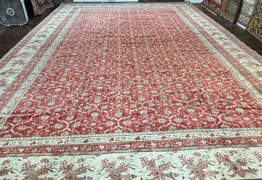 Turkish Oushak Rug 12x18, Wool Hand Knotted Vintage Carpet, Red & Oatmeal, 12 x 18 Palace SIze Handmade Oriental Rug - Nuvé