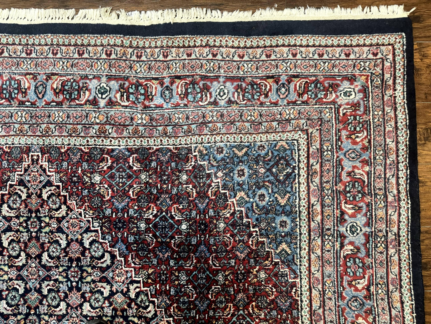 Indo Persian Bidjar Rug 8x11, Herati Mahi Pattern, Red Navy Blue, Handmade Vintage Wool Carpet - Nuvé