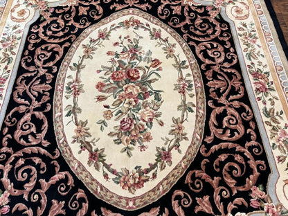 Aubusson Rug 8x10, Floral, Wool Pile, Elegant, European Design, Handmade, Fine