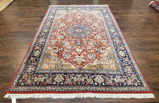 Vintage Indo Persian Oriental Rug 6 x 9.6, Wool Hand-Knotted Red Dark Blue & Gold Indian Carpet, 6 x 9 Office Room Rug, Floral Medallion - Nuvé