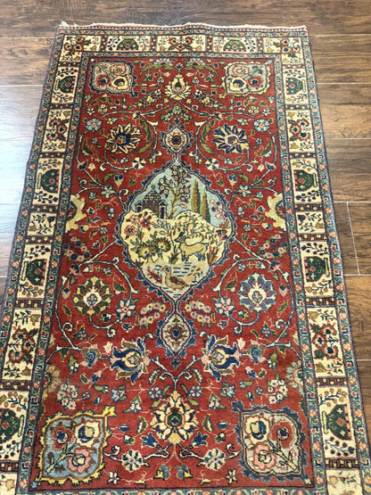 Small Persian Tabriz Rug 2.8 x 4.7, Red, Animal Pictorials, Semi Antique Vintage - Nuvé