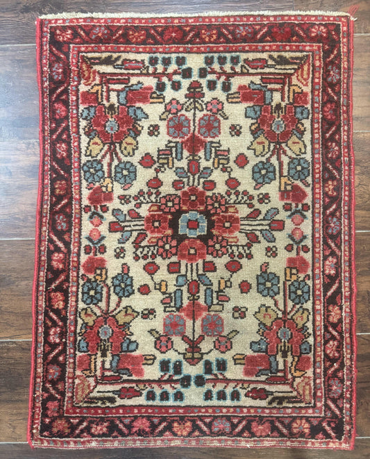 Small Antique Persian Rug 2x3, Beige and Red, Floral, Wool, Hamadan Rug - Nuvé