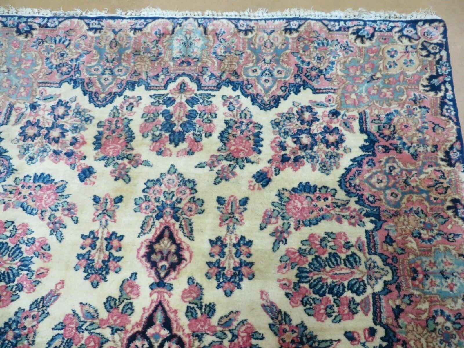 Antique Persian Kirman Rug 3.9 x 6.6, Floral Oriental Carpet, Ivory/Cream - Blue - Pink, Hand Knotted Wool Rug, Floral Medallion Rug 4x6 - Nuvé