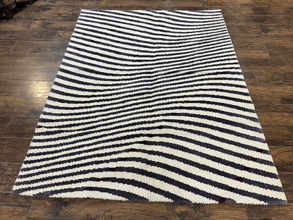 Vintage Zebra Stripes Shag Rug 5.7 x 7.4, Black and White, Retro, Wool - Nuvé