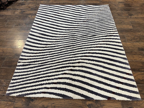 Vintage Zebra Stripes Shag Rug 5.7 x 7.4, Black and White, Retro, Wool - Nuvé