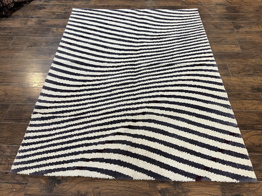 Vintage Zebra Stripes Shag Rug 5.7 x 7.4, Black and White, Retro, Wool - Nuvé
