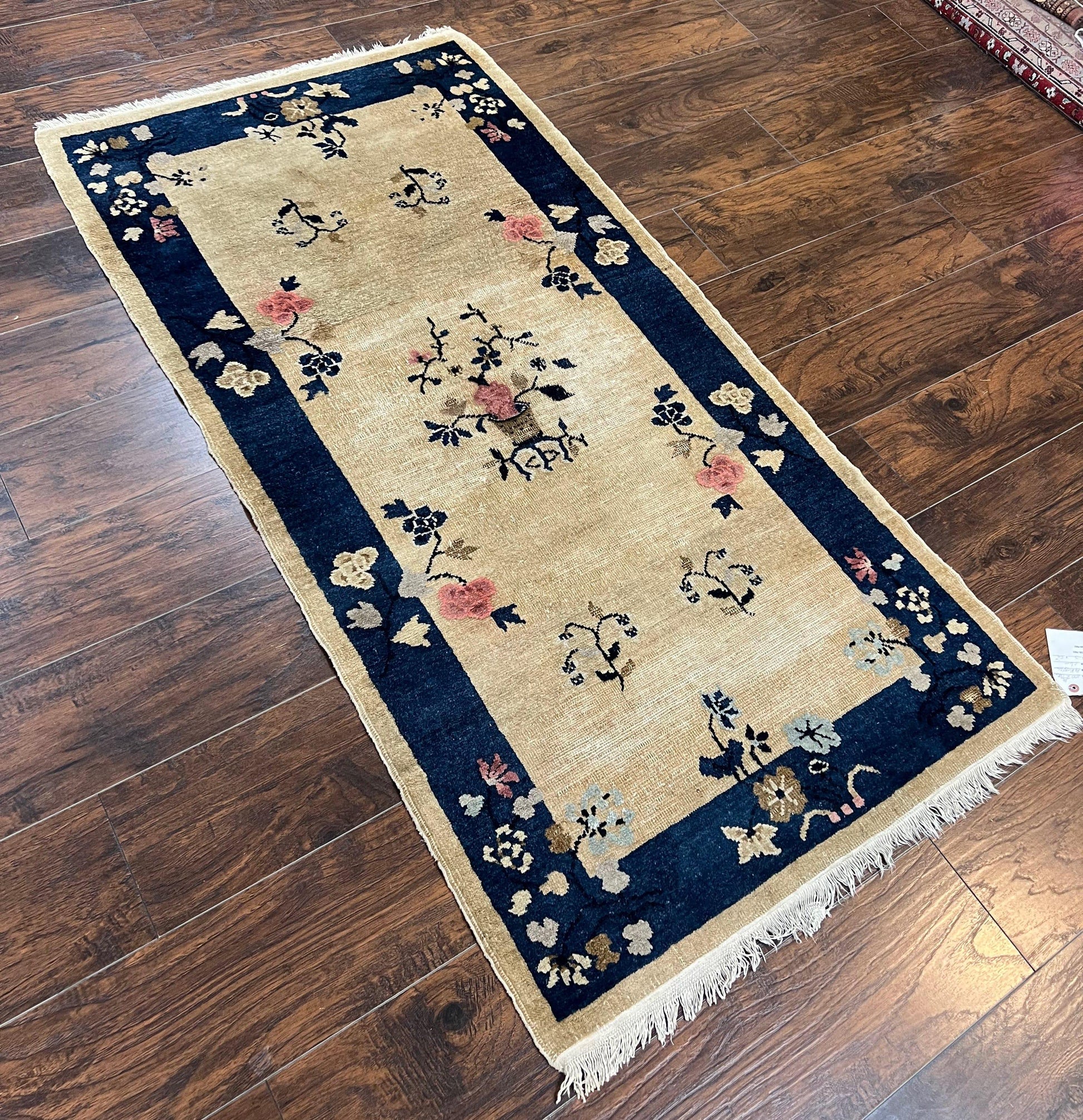 Antique Chinese Peking Rug 3x6, Beige and Dark Blue Hand Knotted Handmade Asian Oriental Carpet, Floral Vases, Vintage Wool Art Deco Rug - Nuvé