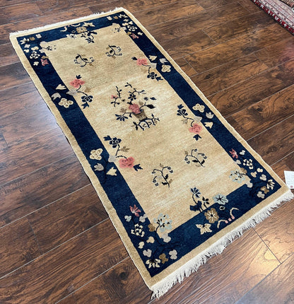 Antique Chinese Peking Rug 3x6, Beige and Dark Blue Hand Knotted Handmade Asian Oriental Carpet, Floral Vases, Vintage Wool Art Deco Rug - Nuvé