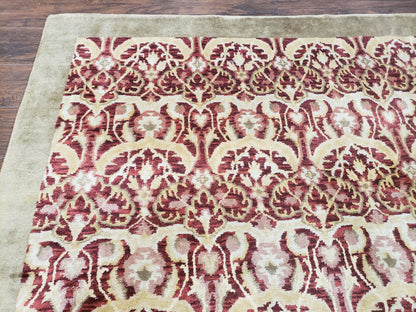 Contemporary Indian Nepalese Room Sized Rug 9 x 11.6, Wool Hand-Knotted Dark Red & Beige Soft Carpet, 9 x 12 Masterloom Living Room Rug