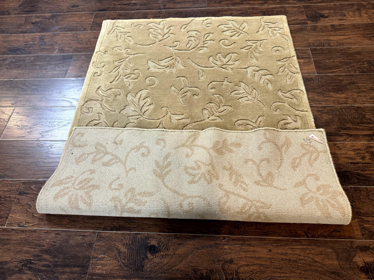 Modern Tibetan Rug 3.7 x 5.5, Carved Floral Design, Wool and Silk Highlights - Nuvé