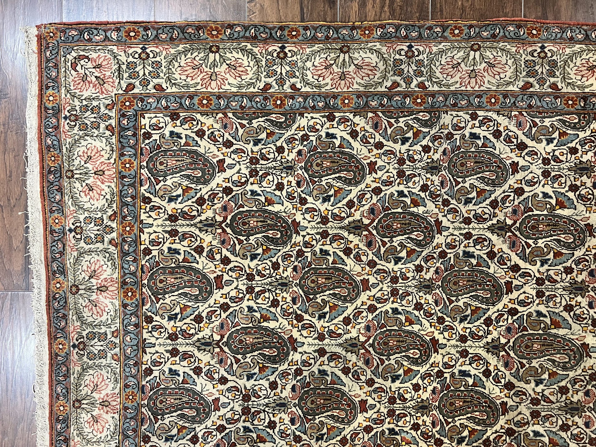 Persian Qum Rug 5x6, Cream Wool Hand Knotted Carpet, Repeated Boteh Paisely Design, Semi Antique Vintage Rug, Very Fine Weave 5 x 6 Rug - Nuvé