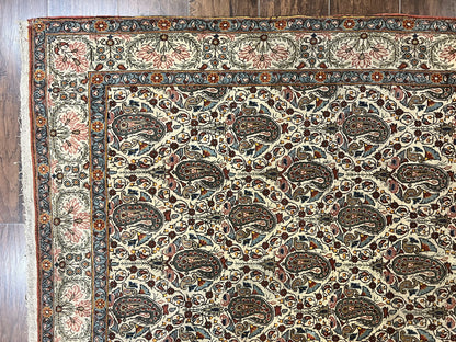 Persian Qum Rug 5x6, Cream Wool Hand Knotted Carpet, Repeated Boteh Paisely Design, Semi Antique Vintage Rug, Very Fine Weave 5 x 6 Rug - Nuvé