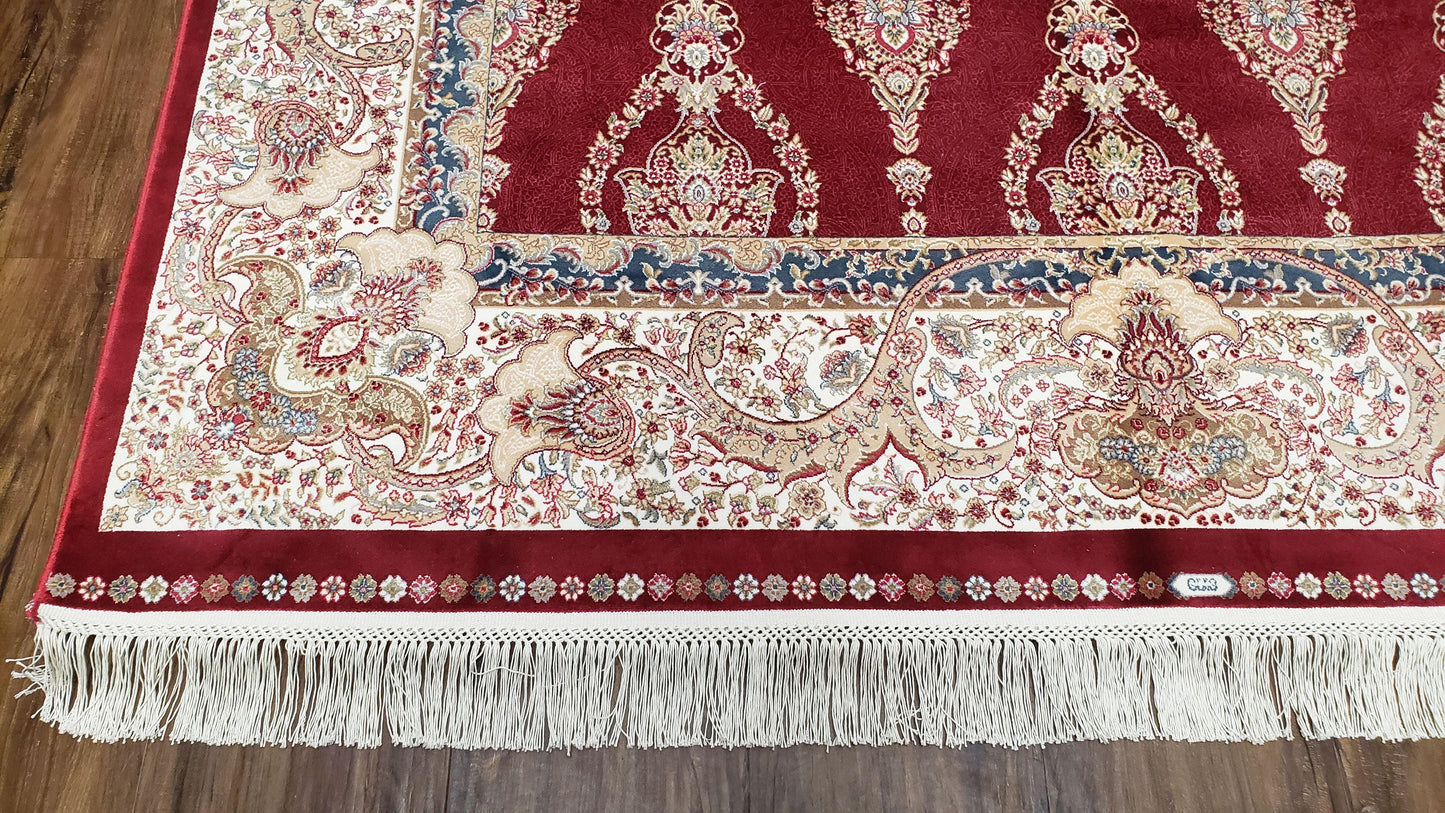 Dark Red Silk Carpet 5.3 x 7.6 ft, 5x8 Silk Rug, New Turkish Silk Carpet, Mint Condition, Beige & Red Area Rug, Bamboo Silk, High Quality - Nuvé