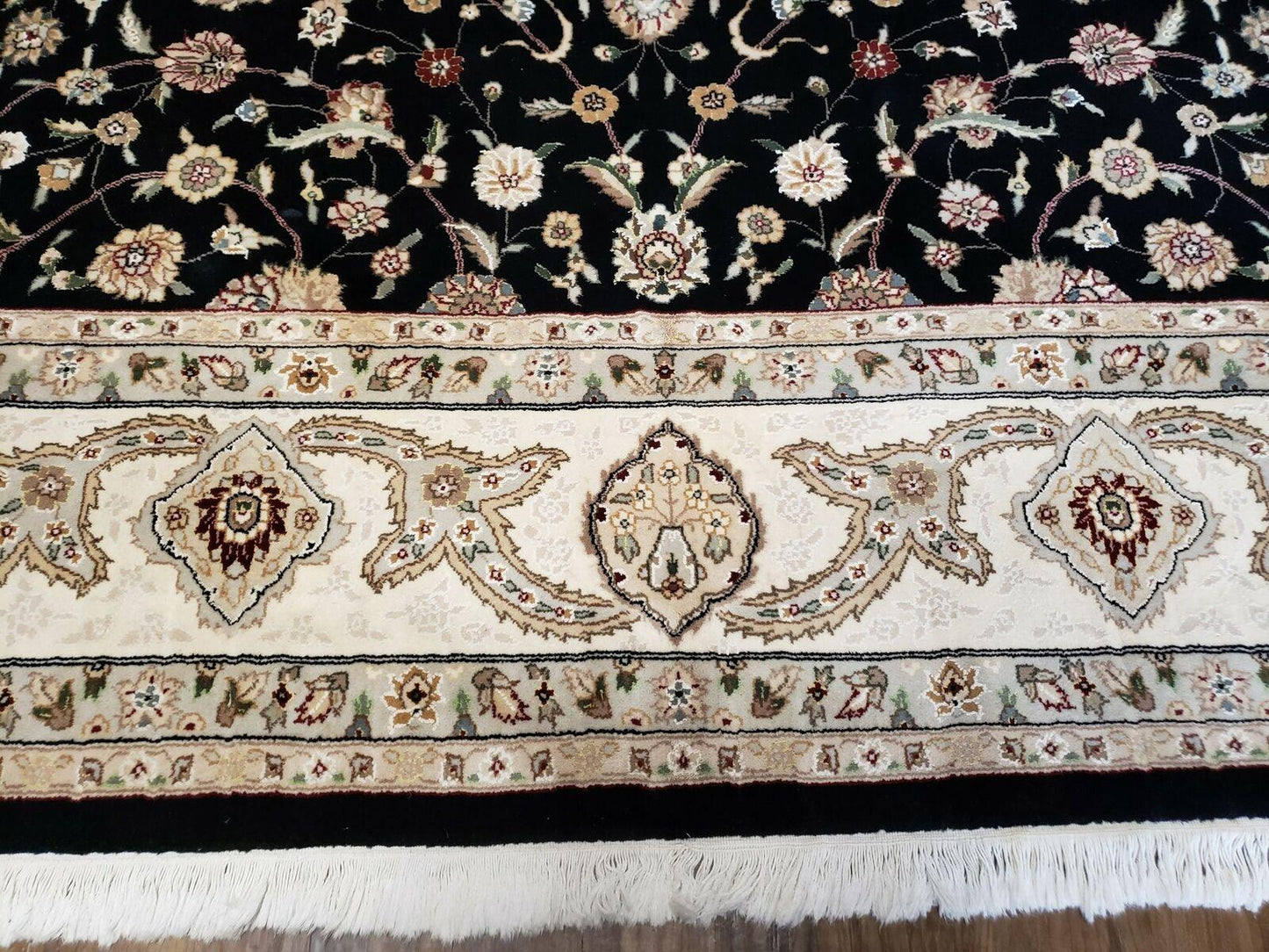 8' 5" X 11' 6" Vintage Handmade Oriental Floral Wool Rug Silk Accent Black Nice - Nuvé