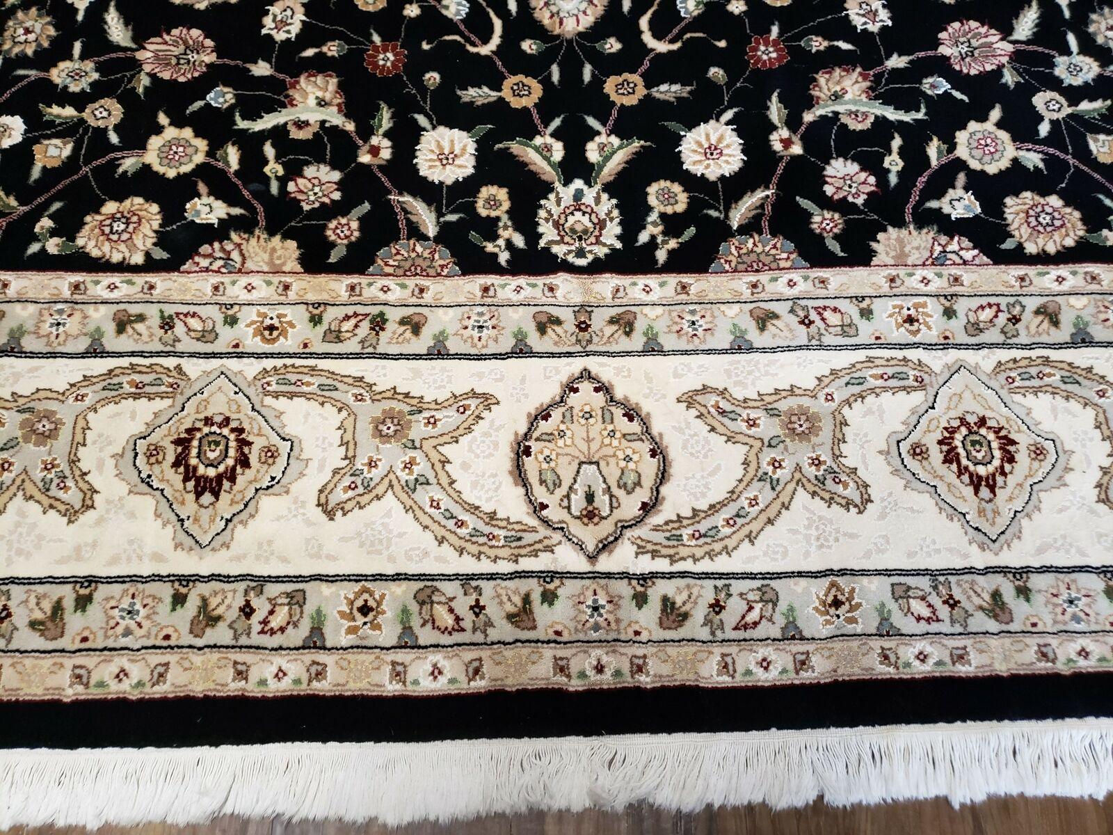 8' 5" X 11' 6" Vintage Handmade Oriental Floral Wool Rug Silk Accent Black Nice - Nuvé