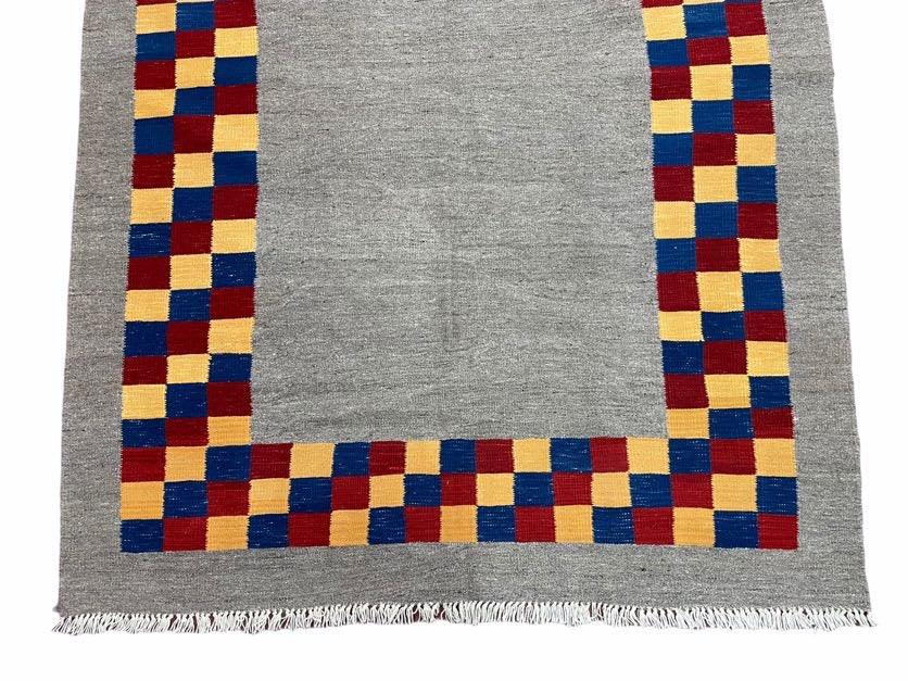 Gray Kilim Carpet, Yellow, Red, Blue Checkerboard Pattern, Flatweave, New, Geometric, Hand-Knotted, Wool, Turkish Area Rug, 5' 9" x 7' 9" - Nuvé