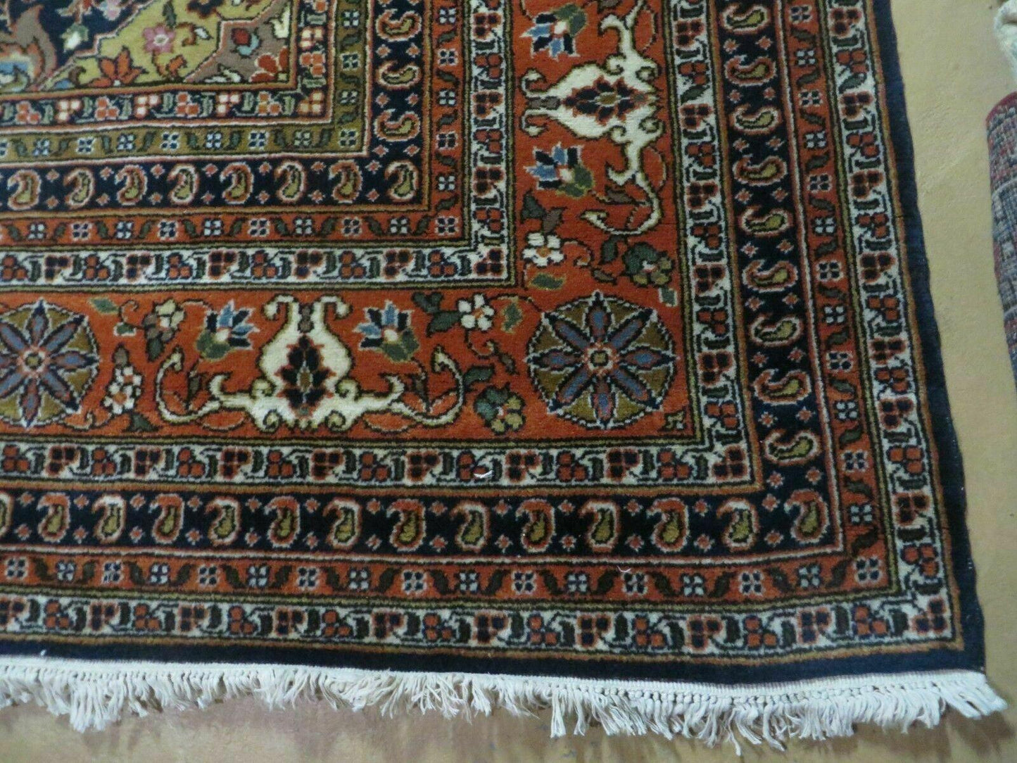 Indo Persian Rug 9x12, Semi Open Field Medallion, Ivory Tomato Red Navy Blue, Hand Knotted Indian Oriental Wool Carpet 9 x 12 ft, Room Sized - Nuvé