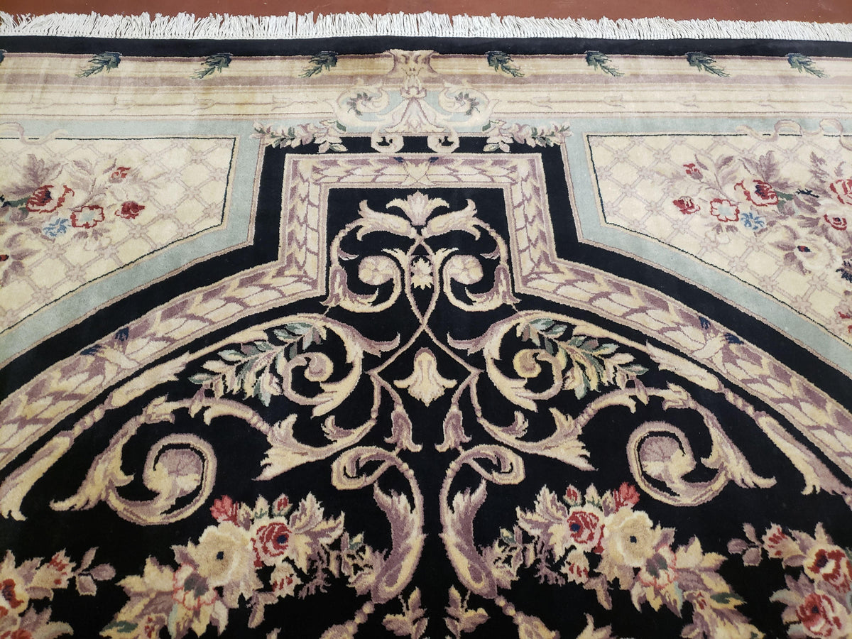 8x10 Aubusson Rug, Fine Hand Knotted Wool Carpet, French European Design, Black & Ivory