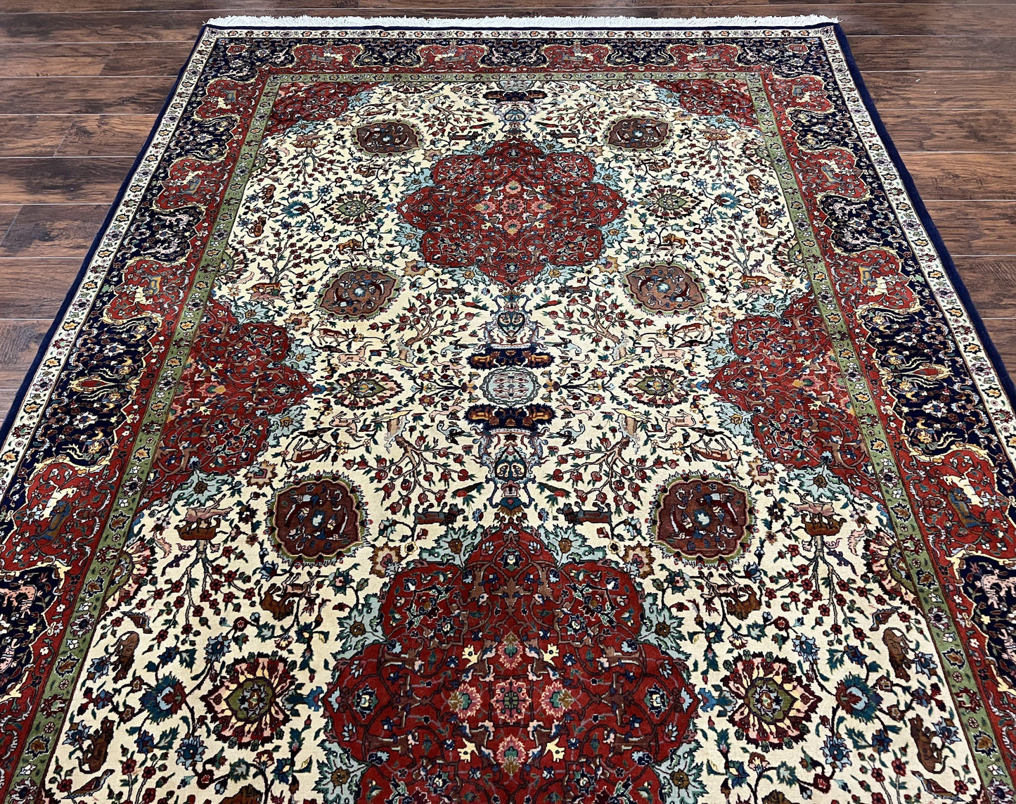 Wonderful Sino Persian Rug 6x10 with Animal Pictorial Motifs, Cream Dark Red Navy Blue, Birds Gazelles, Two Medallions, Top Quality Handmade - Nuvé